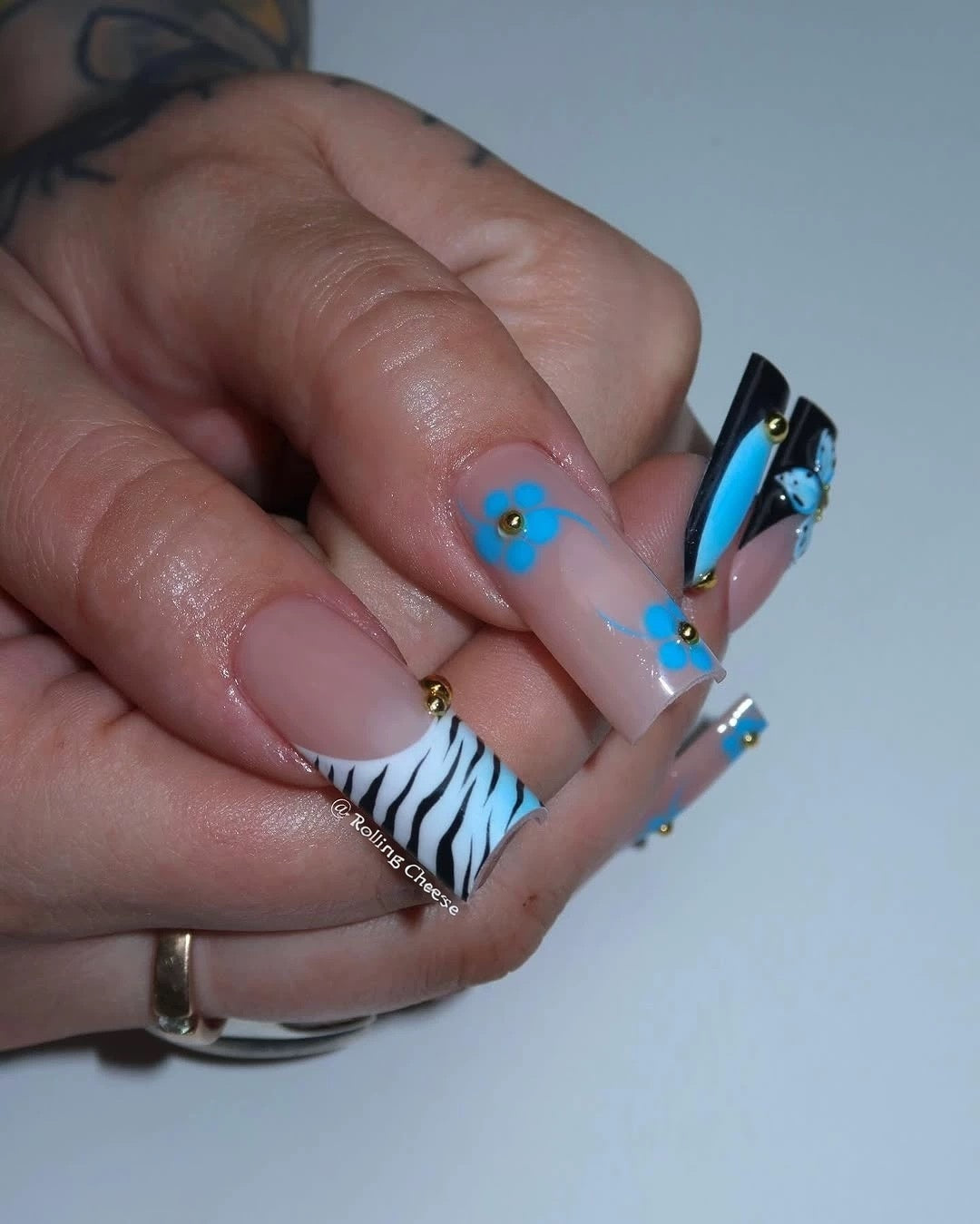 Blue Floral Sculpted Press-On Nails – Tortoiseshell & Ombre Summer Coffin Shape Design