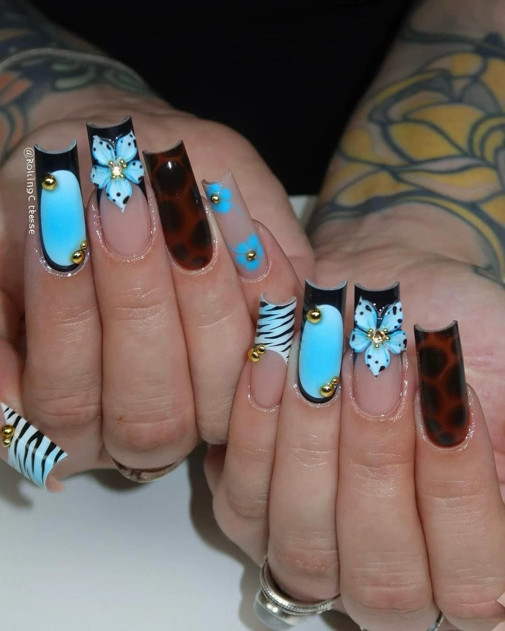 Blue Floral Sculpted Press-On Nails – Tortoiseshell & Ombre Summer Coffin Shape Design