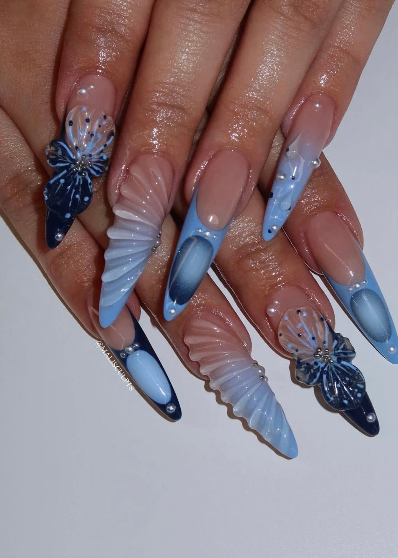 Ice Blue Gradient Floral Press-On Nails – Long Stiletto Sculpted Nail Art Set
