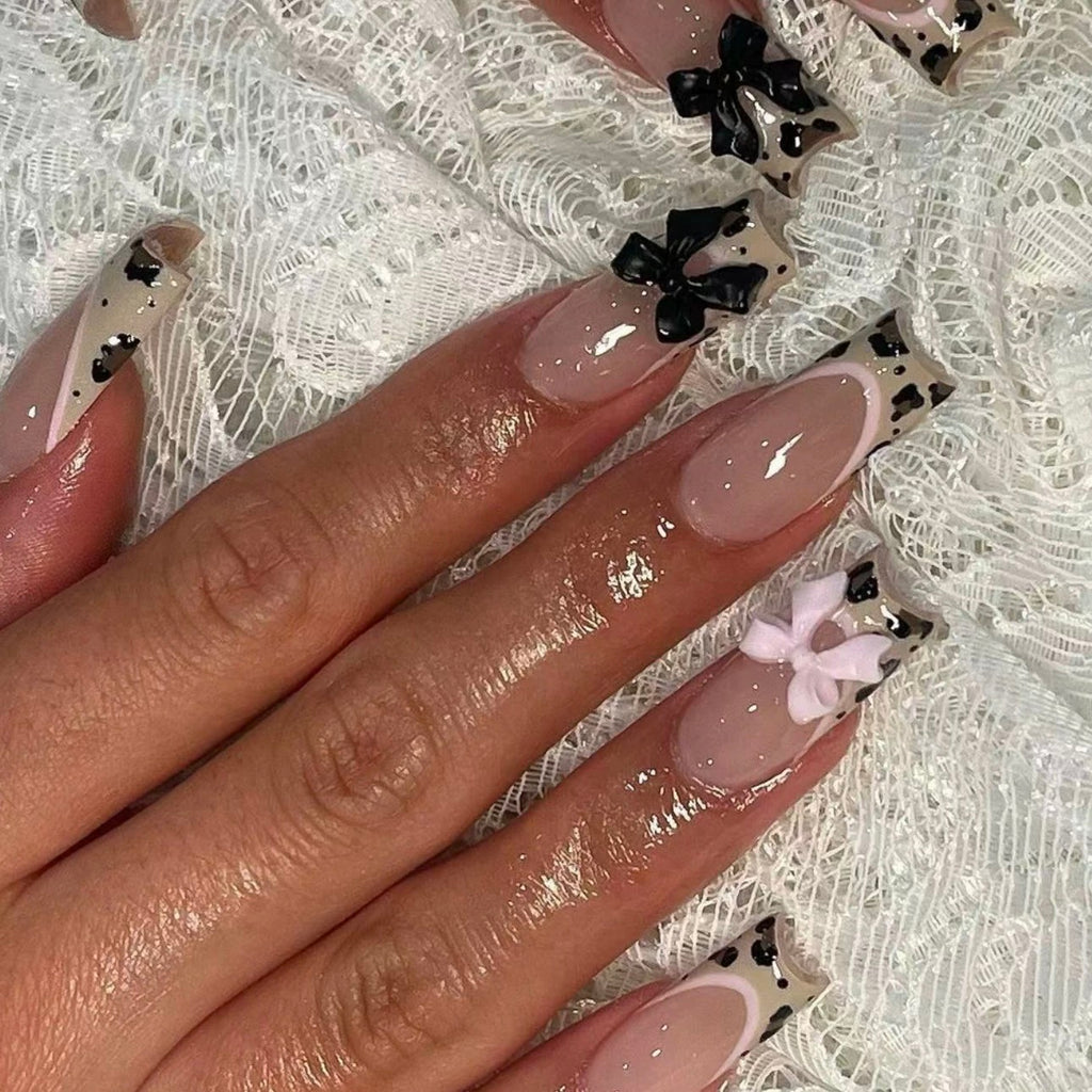Leopard Bow Press-On Nails – Sweet & Spicy French Tip Design