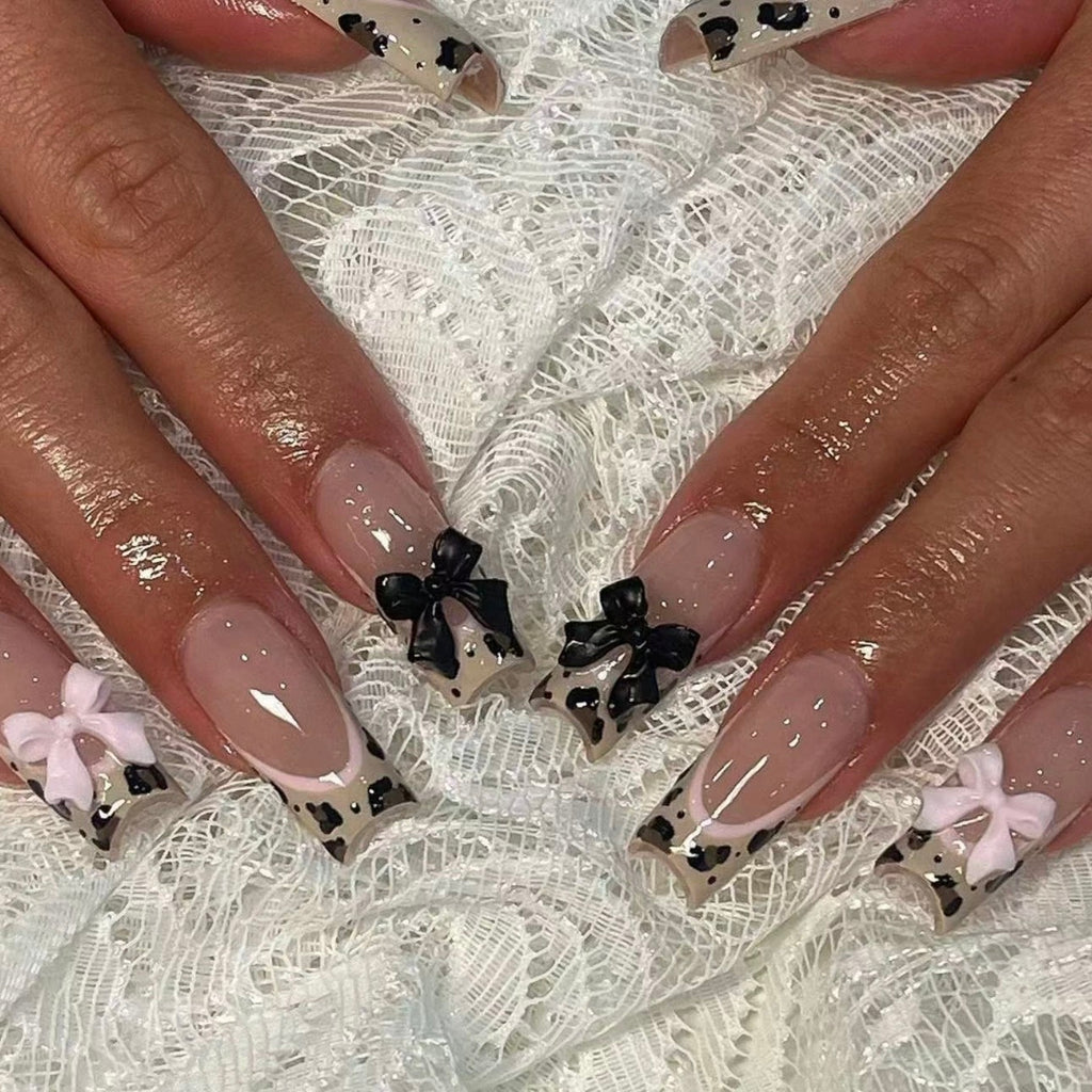 Leopard Bow Press-On Nails – Sweet & Spicy French Tip Design