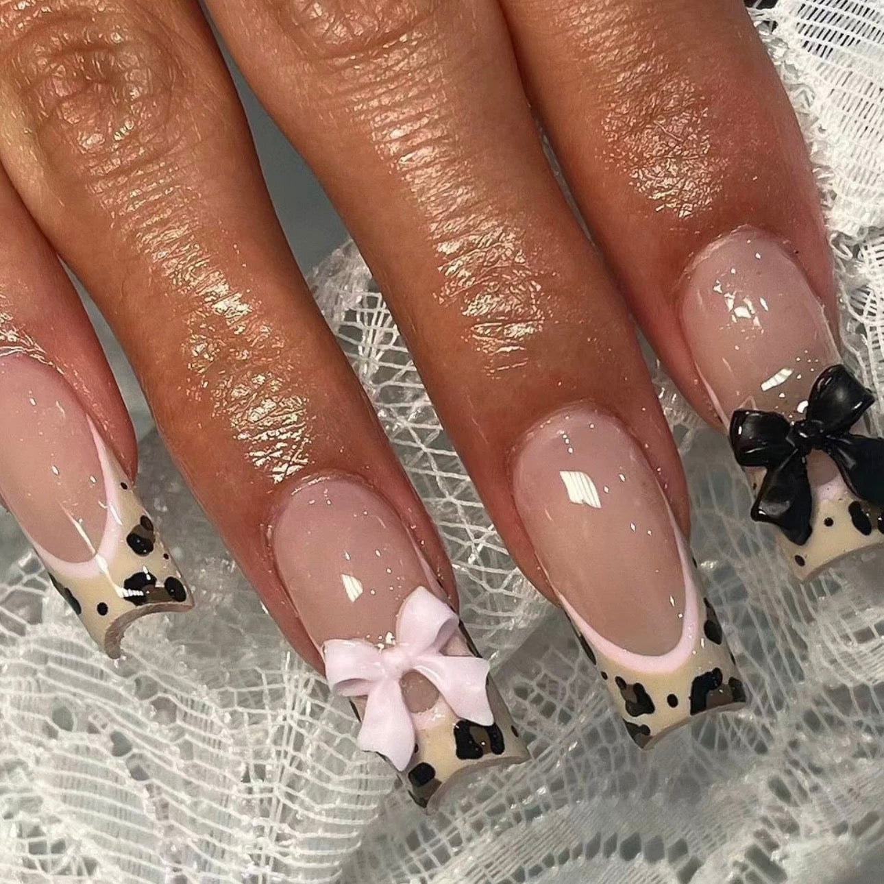 Leopard Bow Press-On Nails – Sweet & Spicy French Tip Design