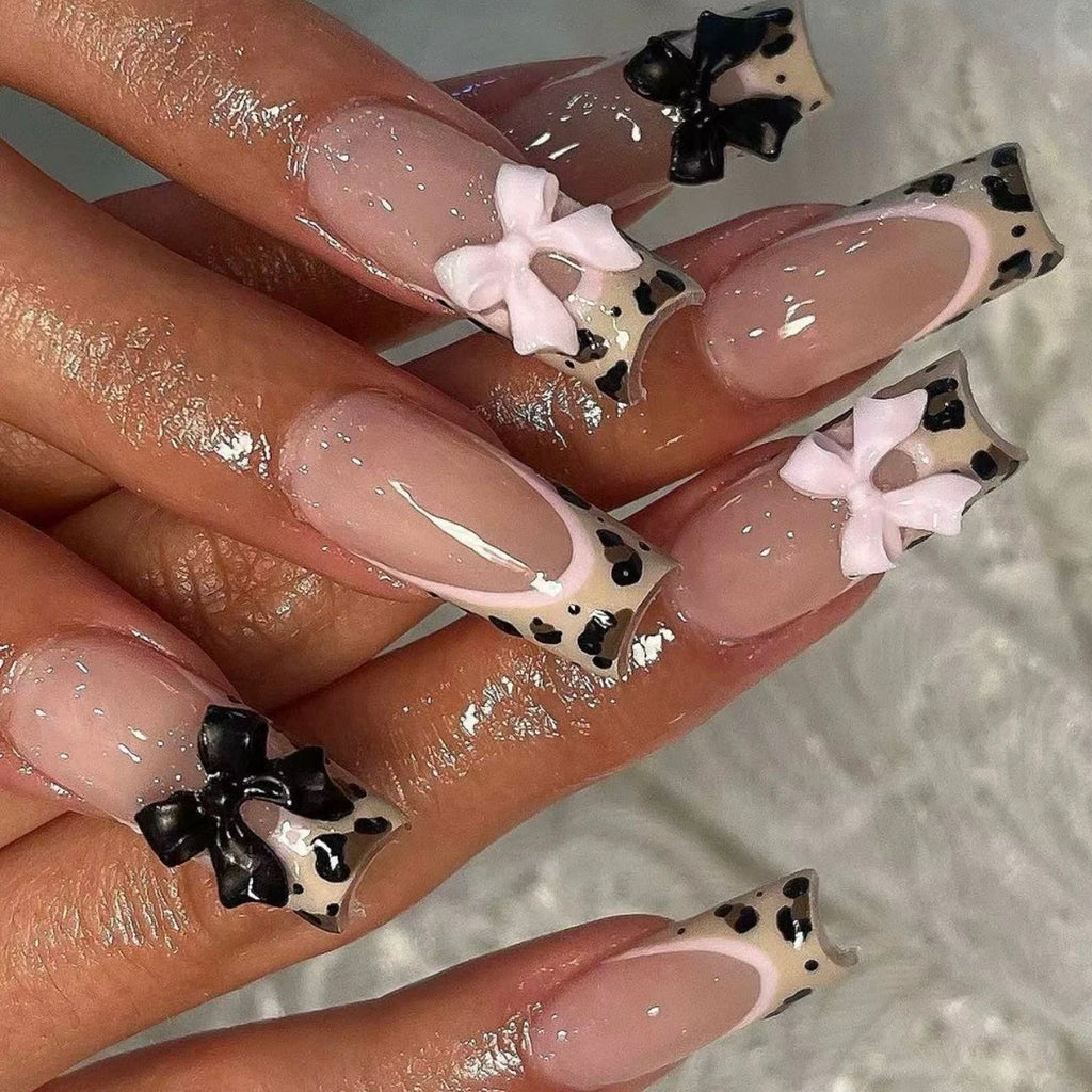 Leopard Bow Press-On Nails – Sweet & Spicy French Tip Design