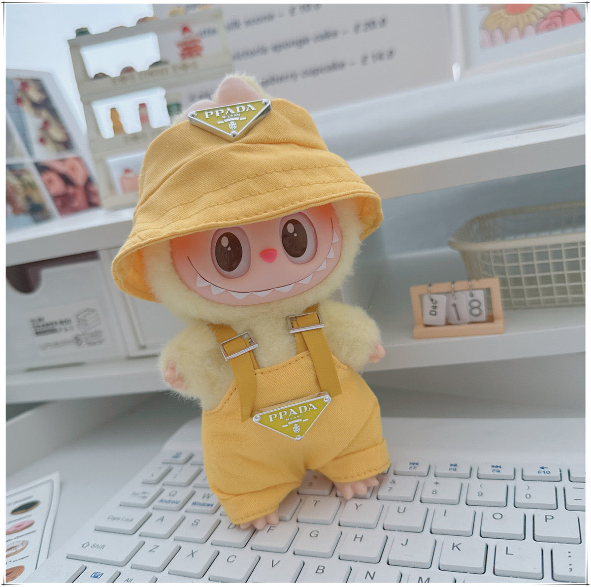Bucket Hat & Overalls Set for 17cm Dolls | Labubu-Style Clothes