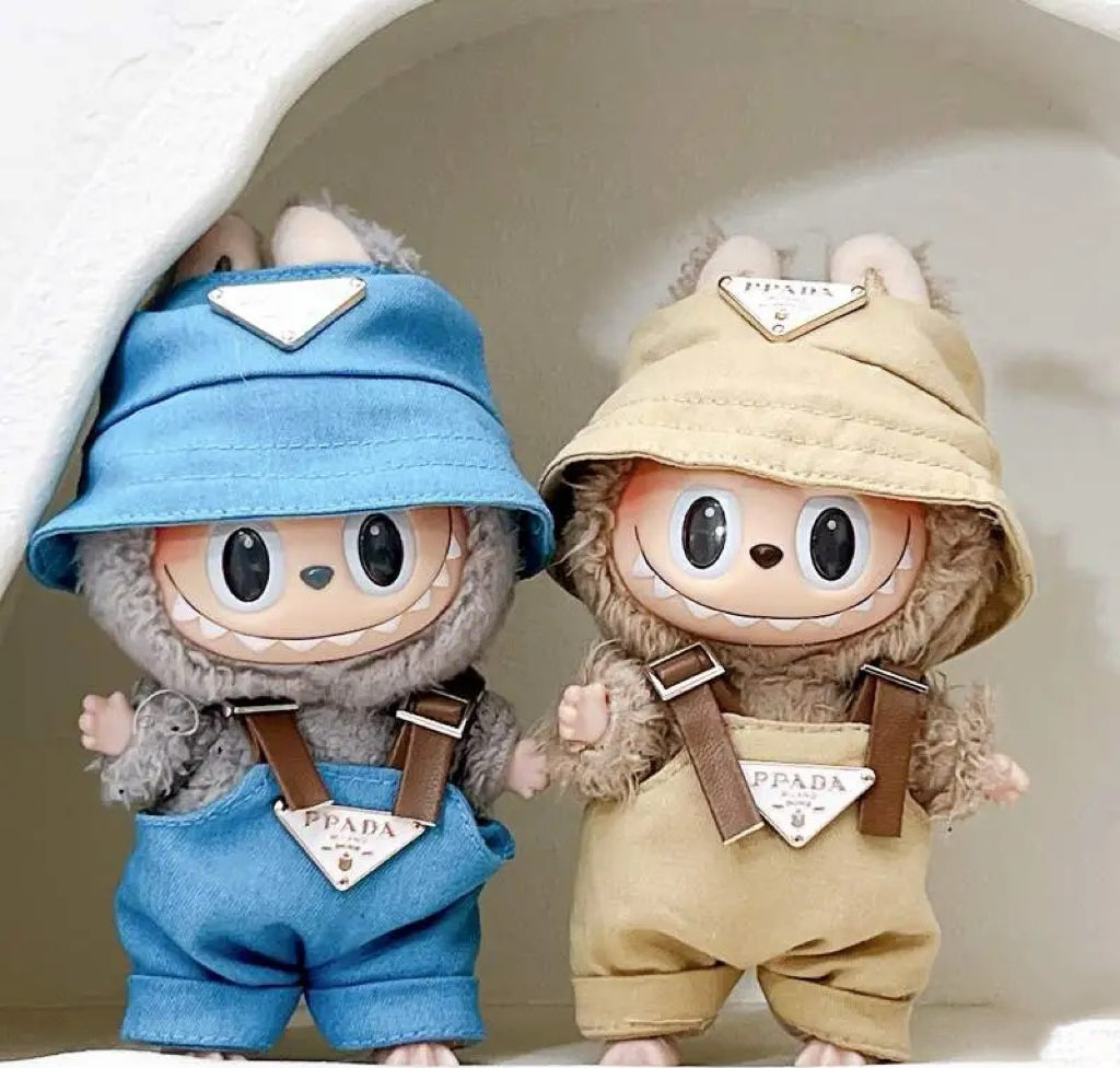 Bucket Hat & Overalls Set for 17cm Dolls | Labubu-Style Clothes