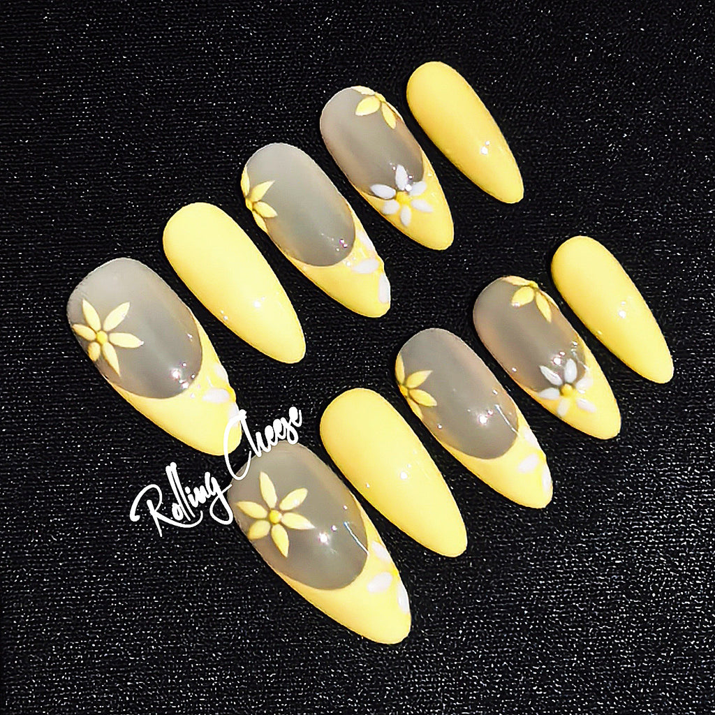 Yellow Daisy Press-on Nails – Transparent French Tip | Handmade Almond Shape | Summer Floral Nail Art