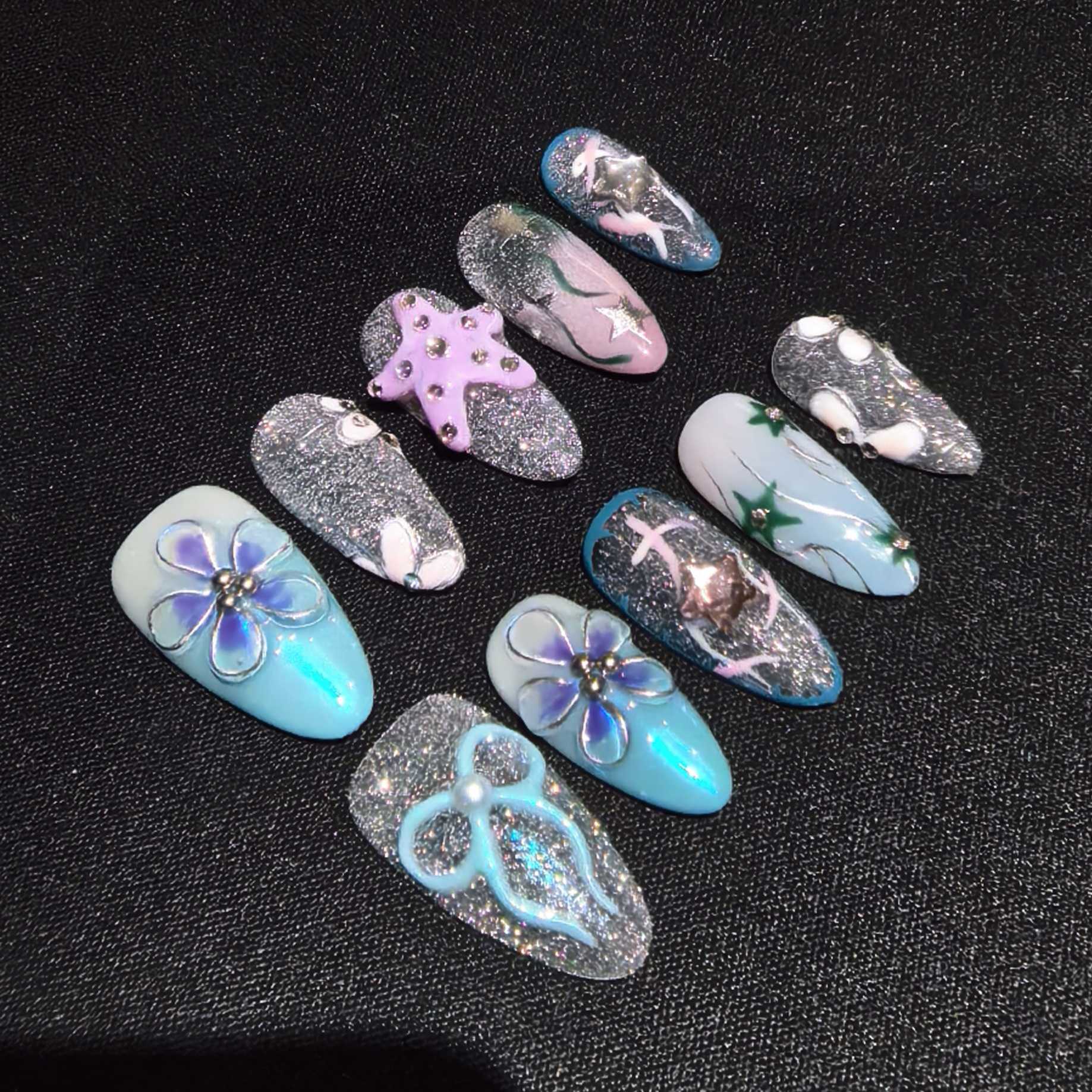 Ocean Fantasy 3D Press-On Nails | Mermaid Beach Handmade Glitter Nail Set