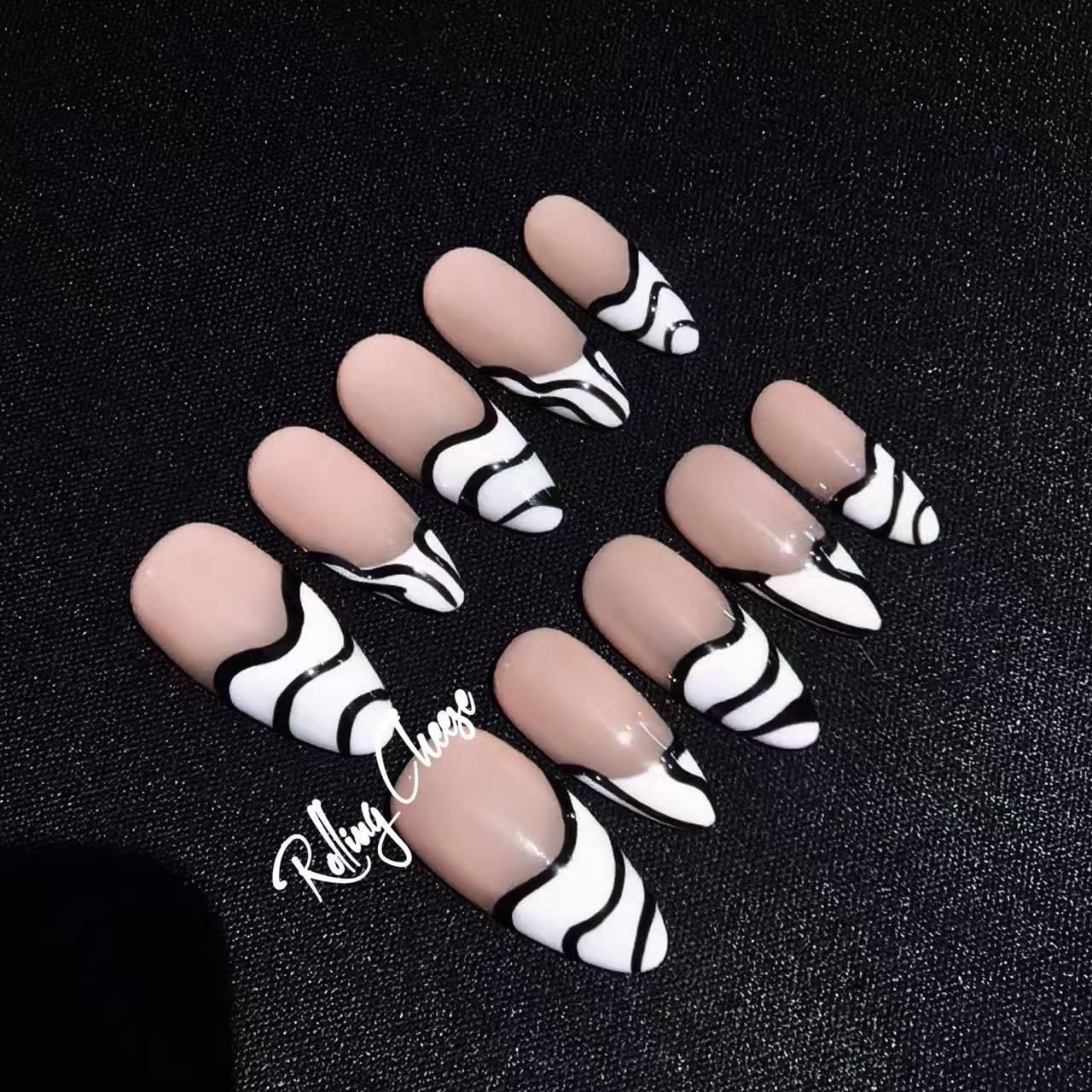 Black & White Abstract Press-On Nails | Minimalist Handmade Nail Set | Almond Shape