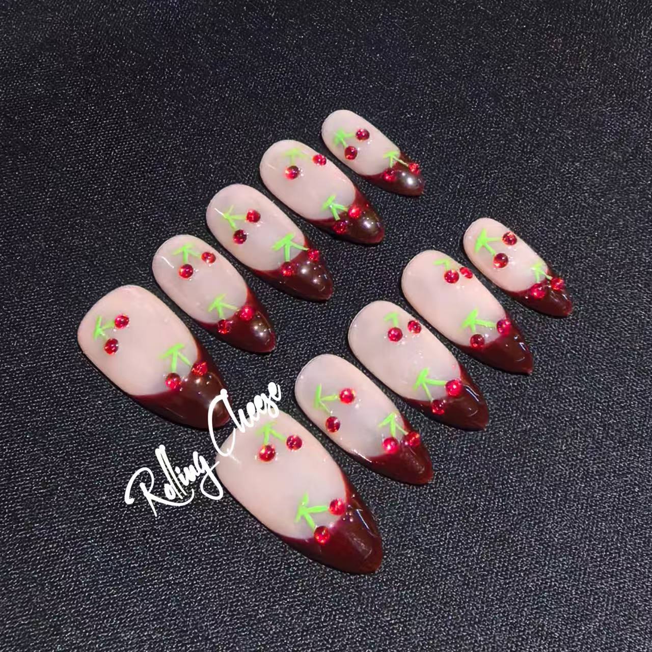 Cherry Chocolate Press-On Nails – Almond Shape | Handmade Reusable Nail Set
