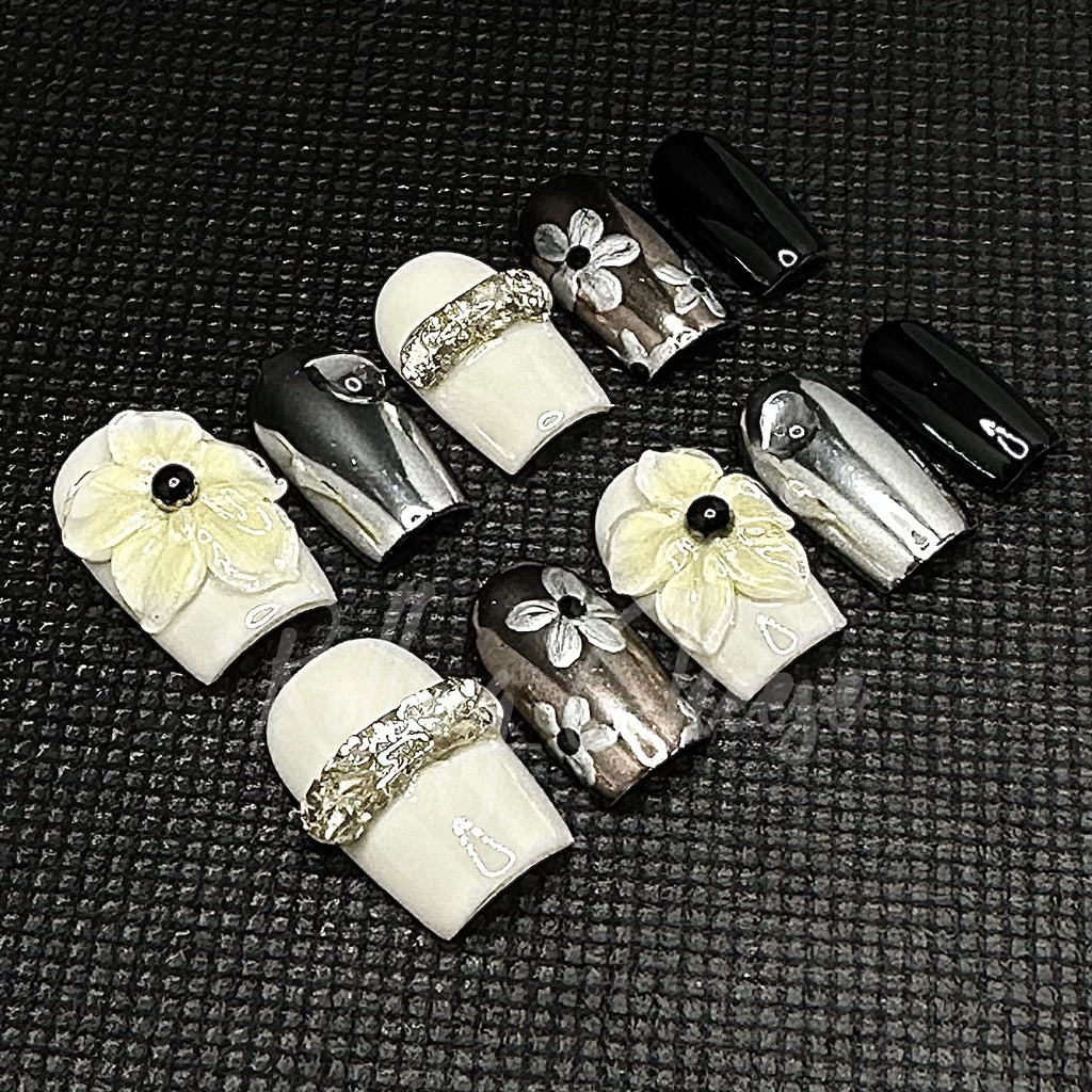 Black White Chrome Press-On Nails with 3D Flowers – Mixed Metal Glam Nail Art – Handmade Square Tips