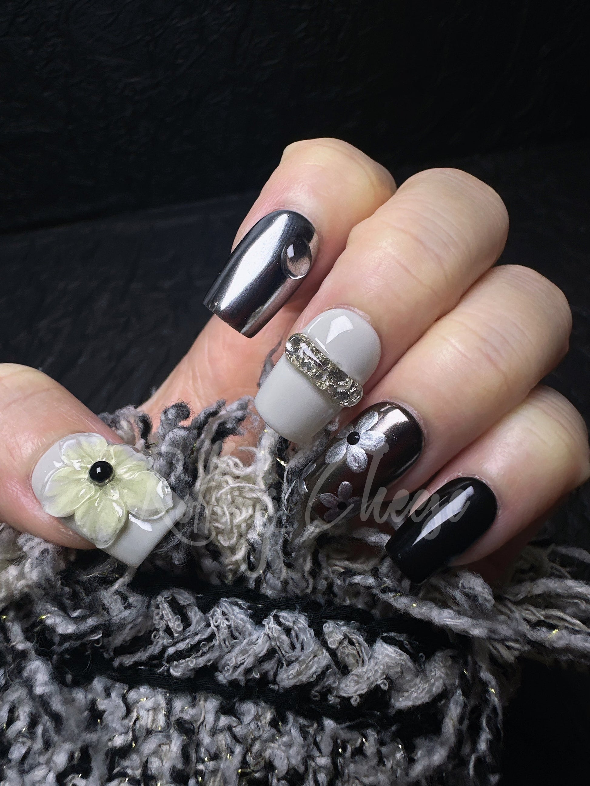 Black White Chrome Press-On Nails with 3D Flowers – Mixed Metal Glam Nail Art – Handmade Square Tips
