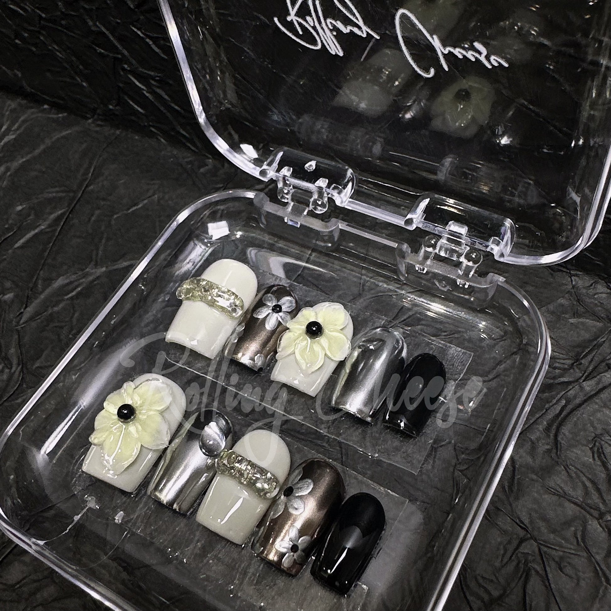 Black White Chrome Press-On Nails with 3D Flowers – Mixed Metal Glam Nail Art – Handmade Square Tips