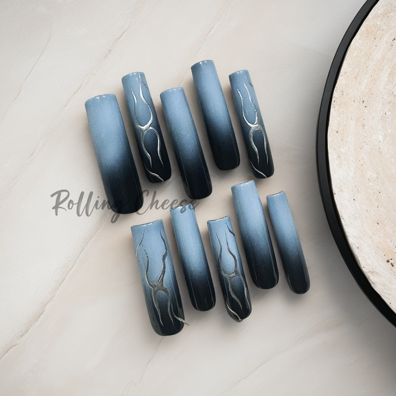🖤Black to Gray Flame Ombre Press-On Nails – Glossy Long Coffin Tips
