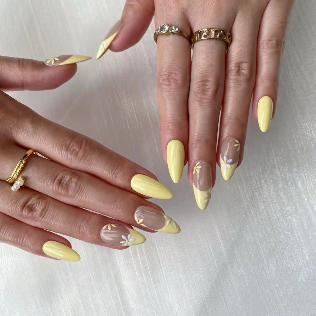 Yellow Daisy Press-on Nails – Transparent French Tip | Handmade Almond Shape | Summer Floral Nail Art