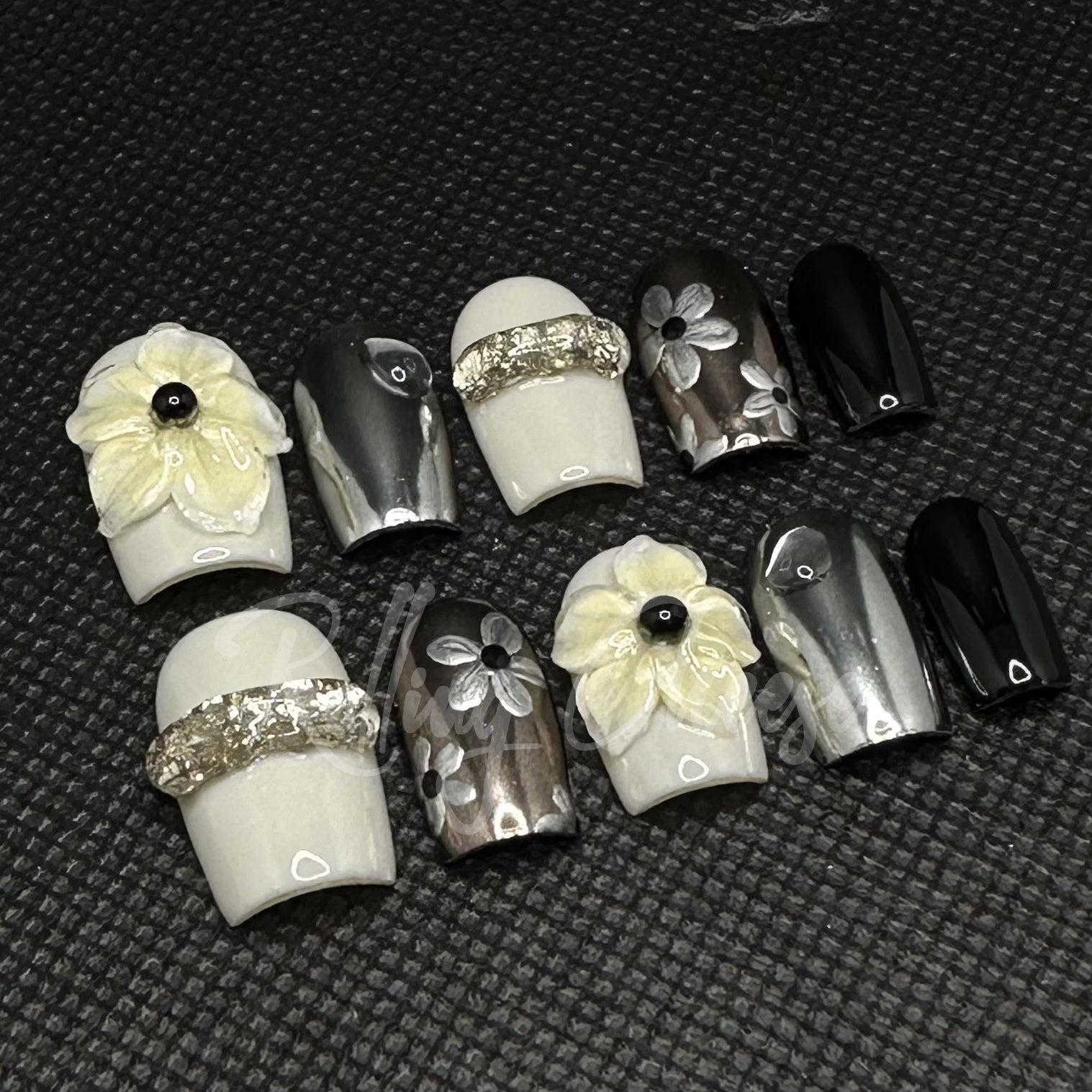 Black White Chrome Press-On Nails with 3D Flowers – Mixed Metal Glam Nail Art – Handmade Square Tips