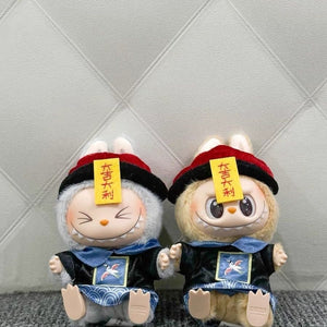 Chinese Jiangshi-Inspired Doll Outfit – Traditional Black & Blue Embroidered Costume for 7” Plush Dolls