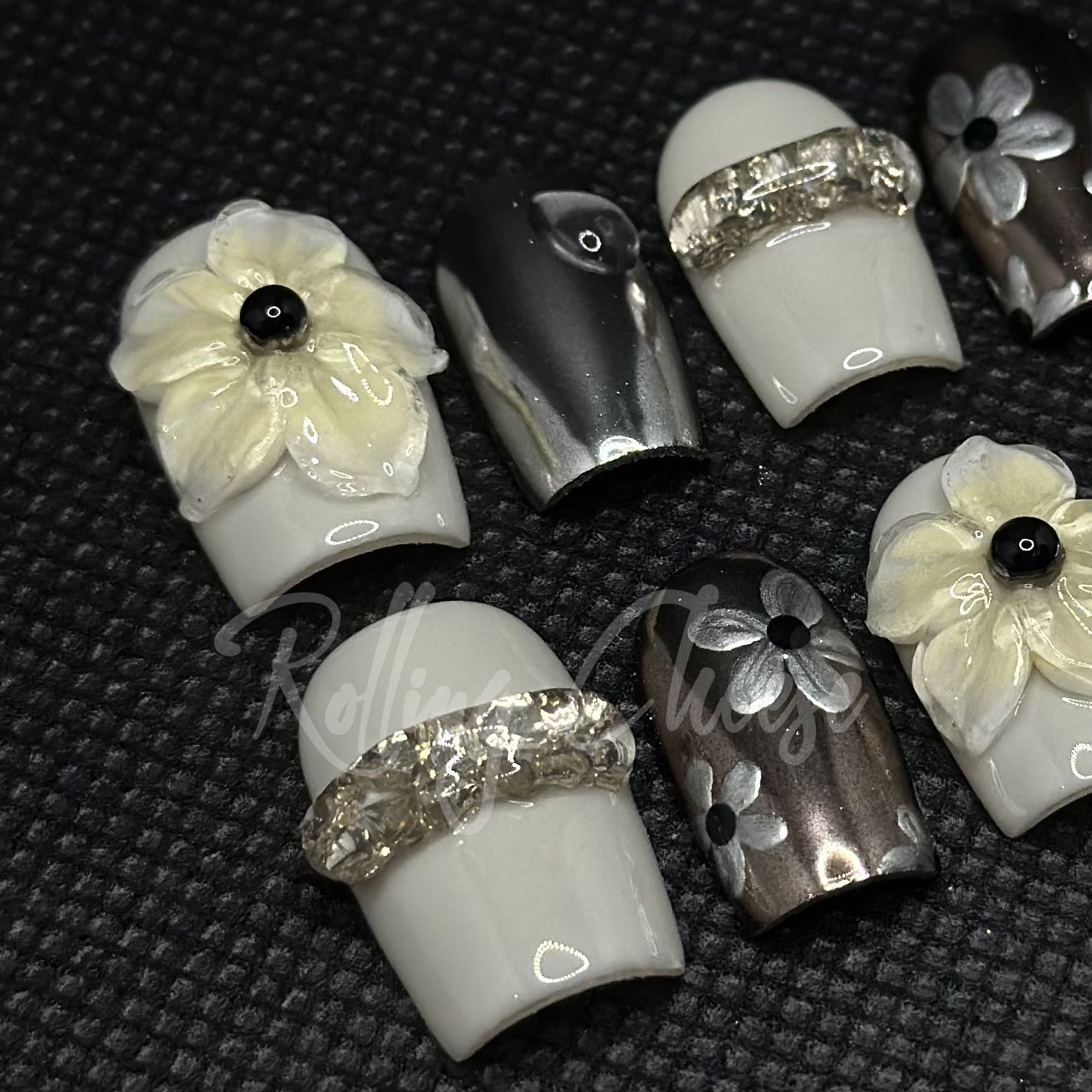 Black White Chrome Press-On Nails with 3D Flowers – Mixed Metal Glam Nail Art – Handmade Square Tips