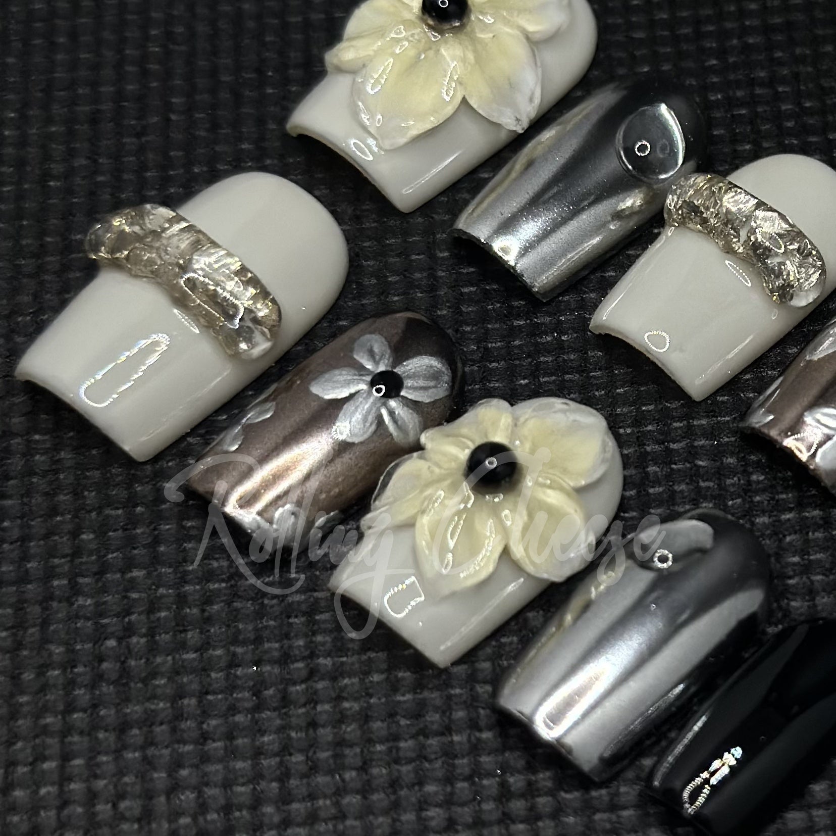 Black White Chrome Press-On Nails with 3D Flowers – Mixed Metal Glam Nail Art – Handmade Square Tips