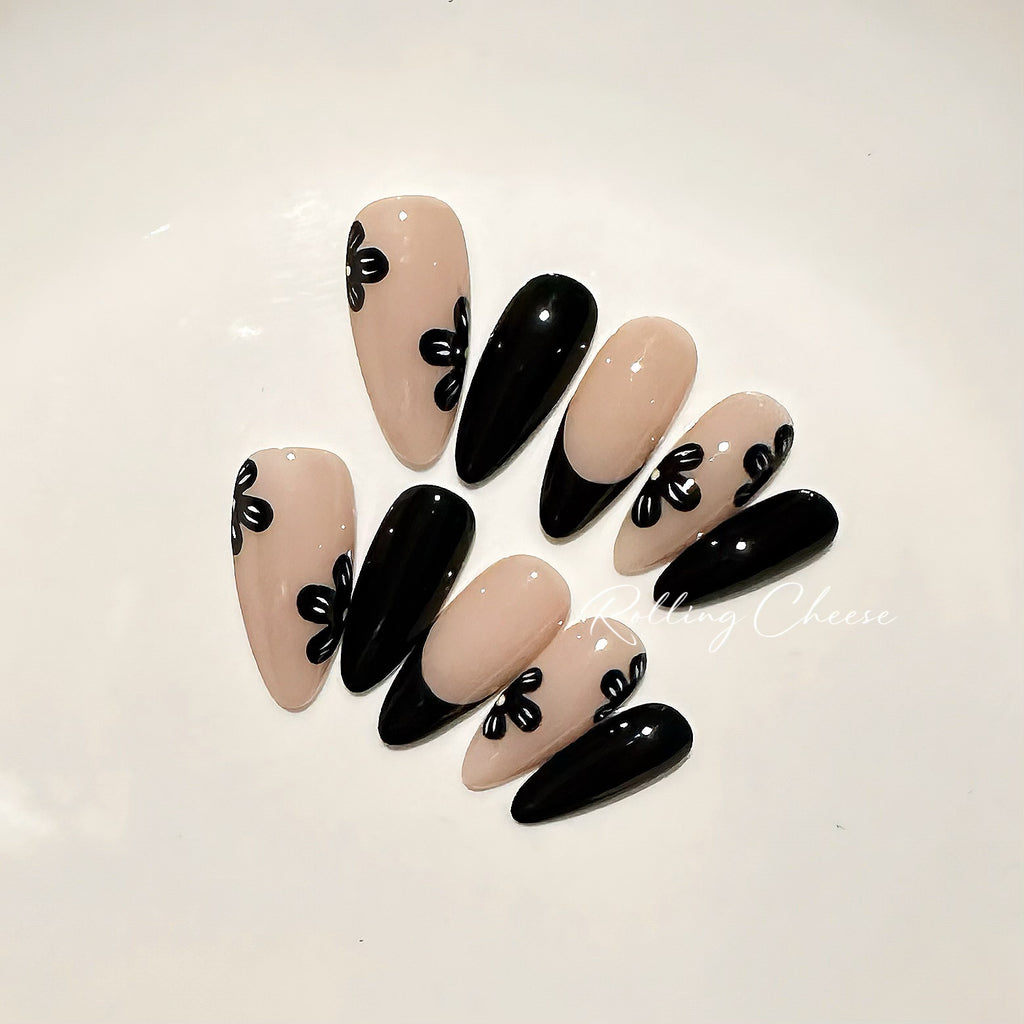 🖤 Black Bow French Press-On Nails – Soft Nude Elegance