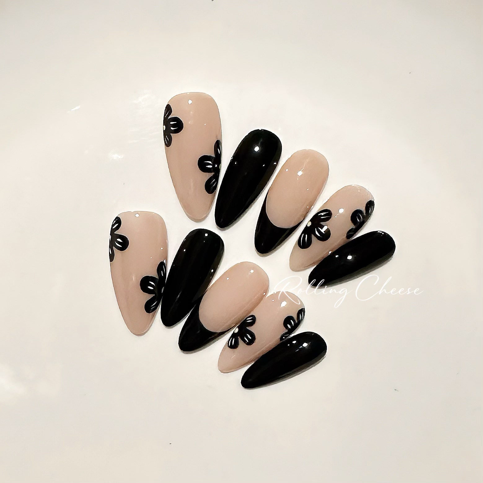 🖤 Black Bow French Press-On Nails – Soft Nude Elegance
