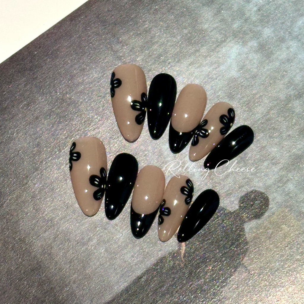 🖤 Black Bow French Press-On Nails – Soft Nude Elegance