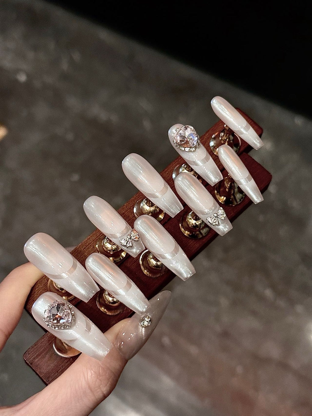 🤍 White Moon – Pearl Sheen Press-On Nails with Crystal & Bow Charms