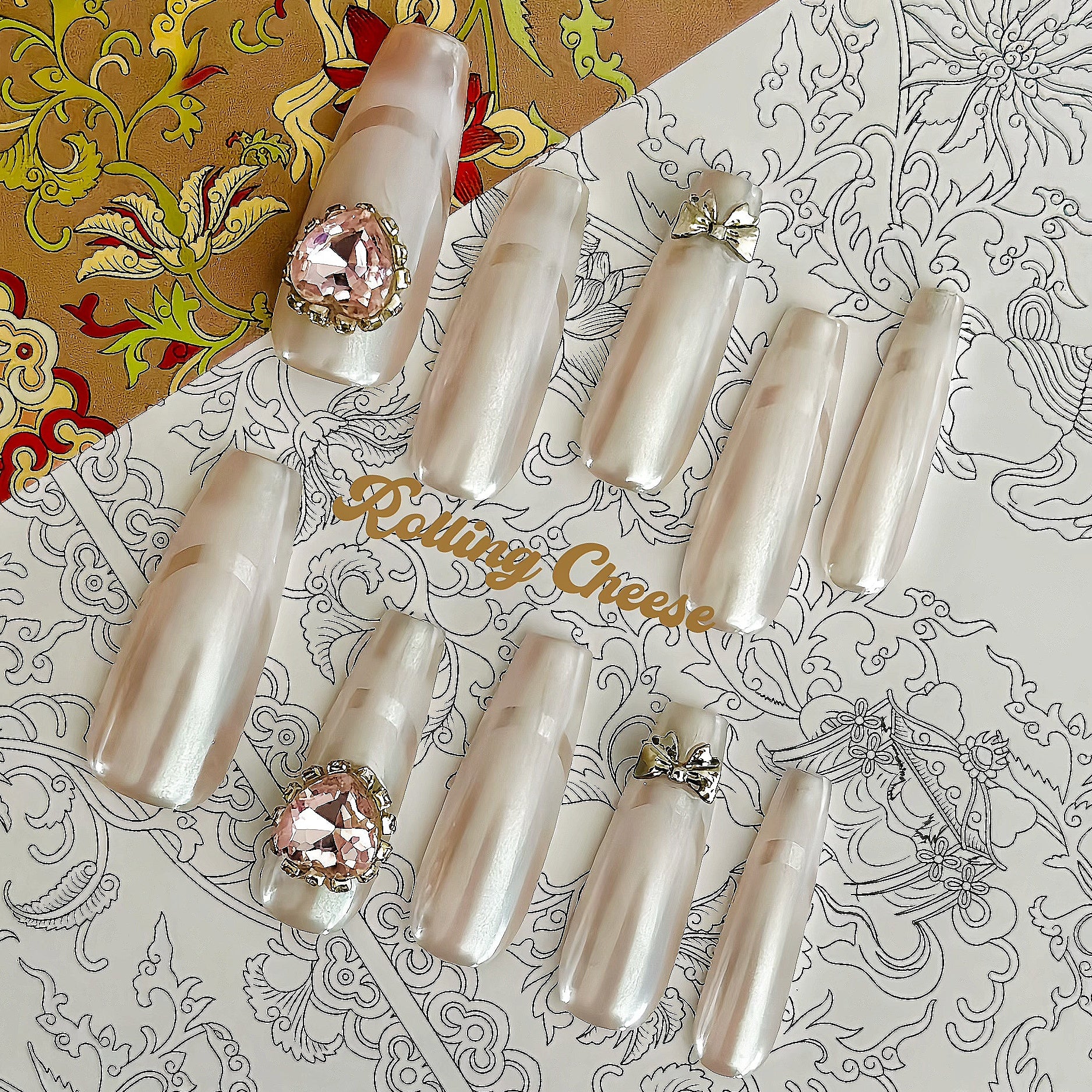 🤍 White Moon – Pearl Sheen Press-On Nails with Crystal & Bow Charms