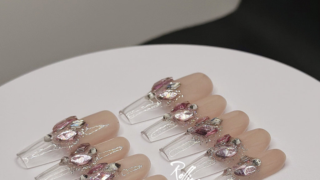 💎 Crystal Bloom – Nude Pink Rhinestone Press-On Nails