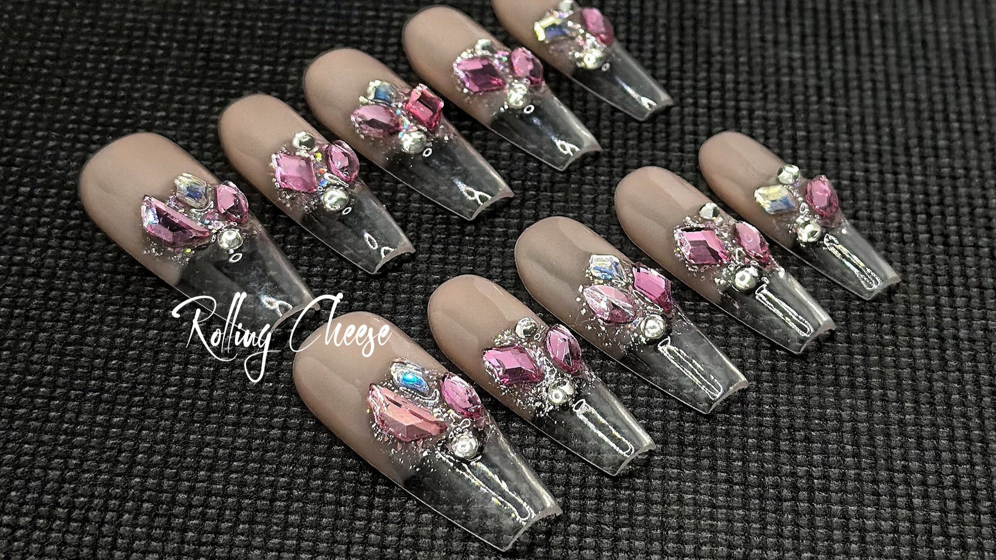 💎 Crystal Bloom – Nude Pink Rhinestone Press-On Nails