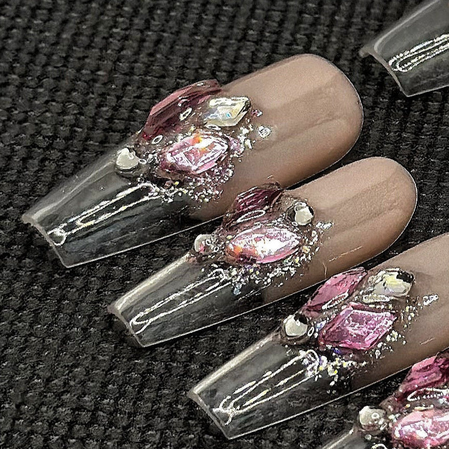 💎 Crystal Bloom – Nude Pink Rhinestone Press-On Nails