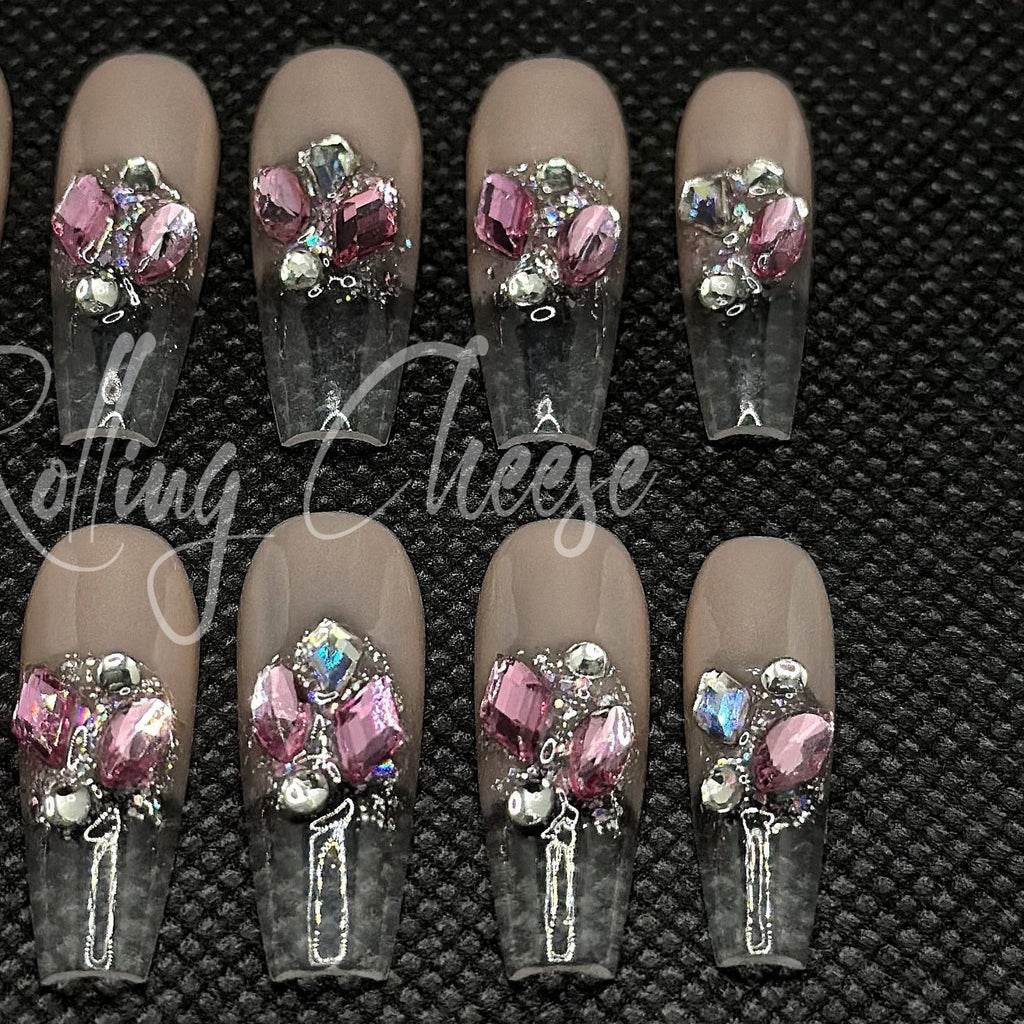 💎 Crystal Bloom – Nude Pink Rhinestone Press-On Nails