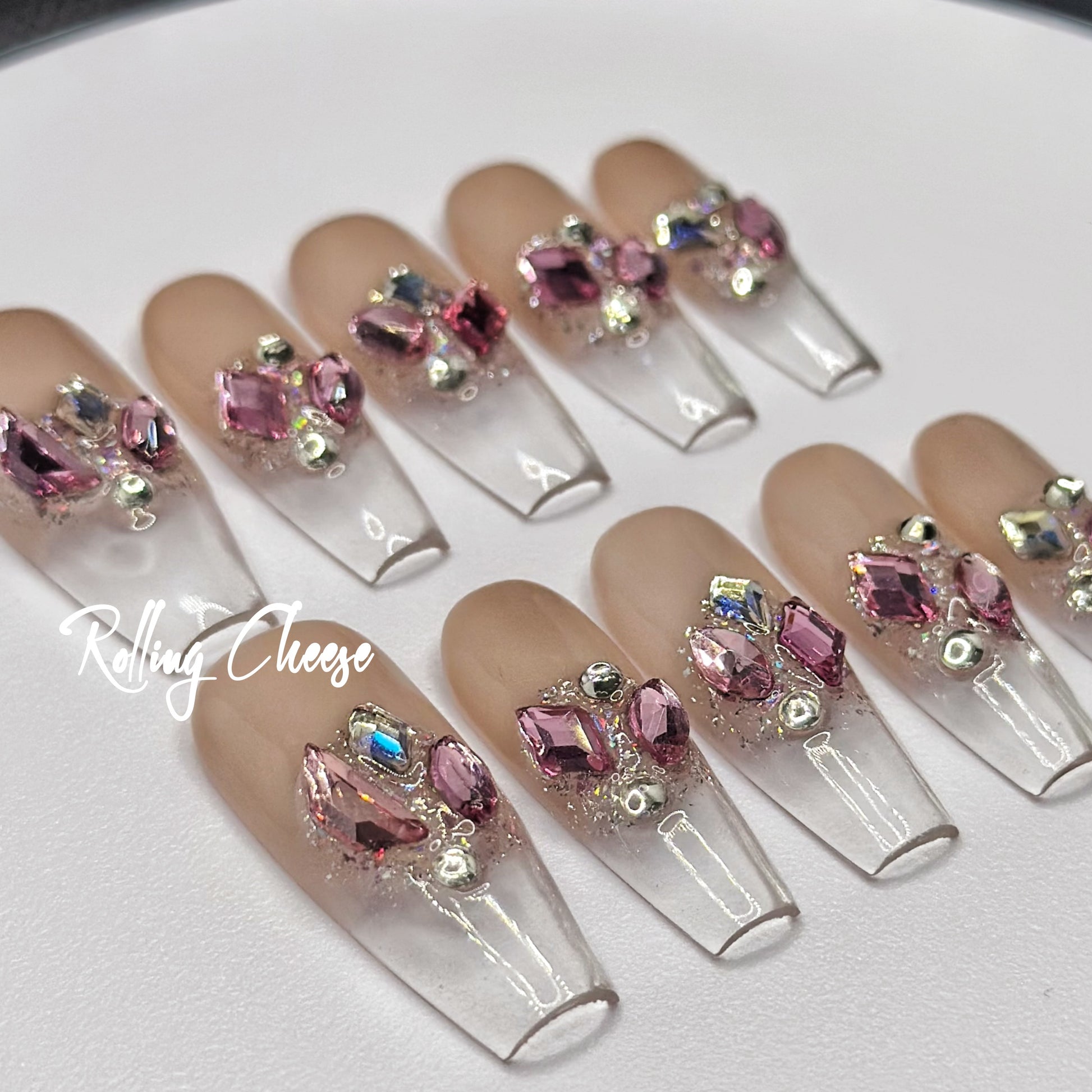 💎 Crystal Bloom – Nude Pink Rhinestone Press-On Nails