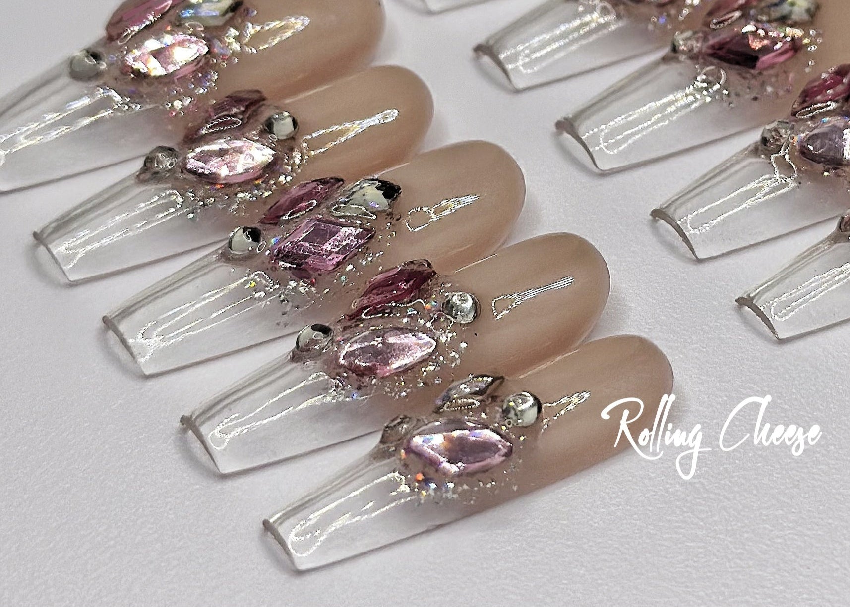 💎 Crystal Bloom – Nude Pink Rhinestone Press-On Nails