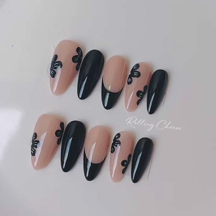 🖤 Black Bow French Press-On Nails – Soft Nude Elegance
