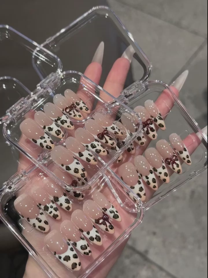 🐆 Leopard Print Press-On Nails with 3D Glossy Bows – Nude Almond Set