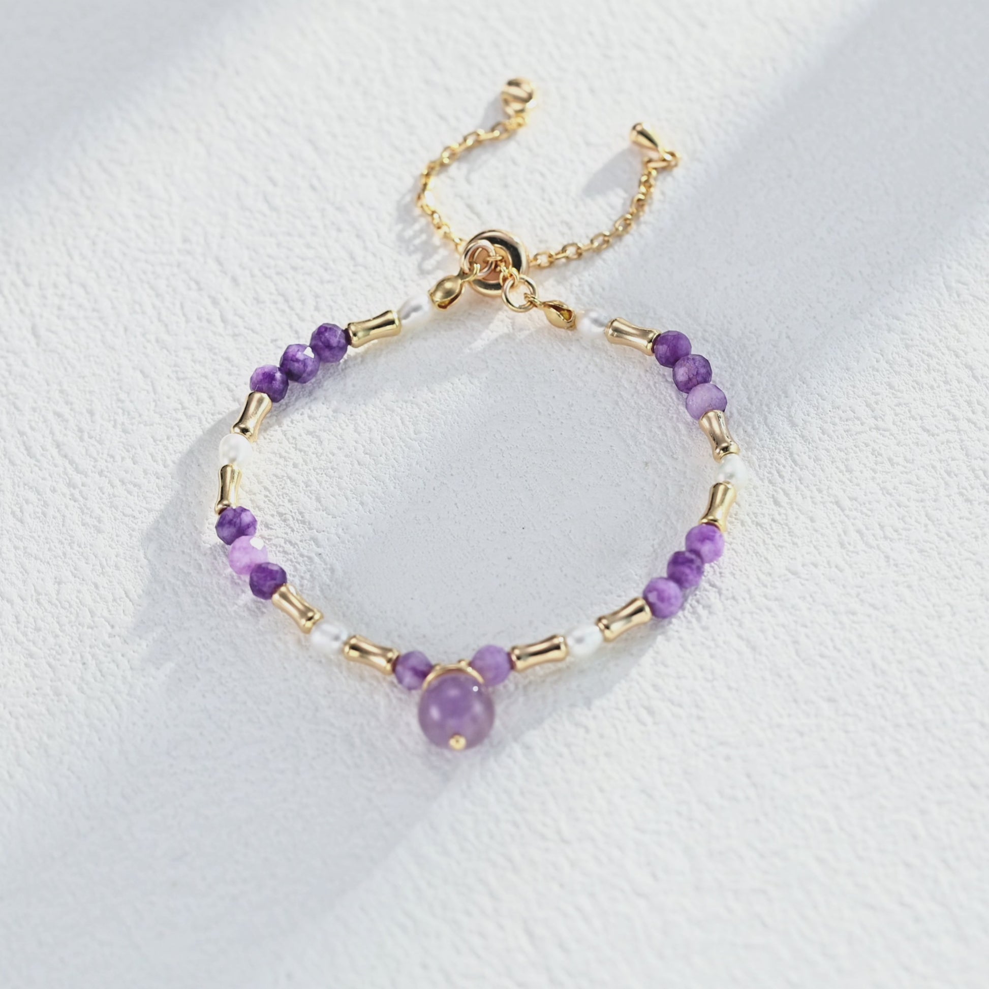 925 Sterling Silver Natural Amethyst & Pearl Crystal Bracelet – Vintage Gold Adjustable Chain