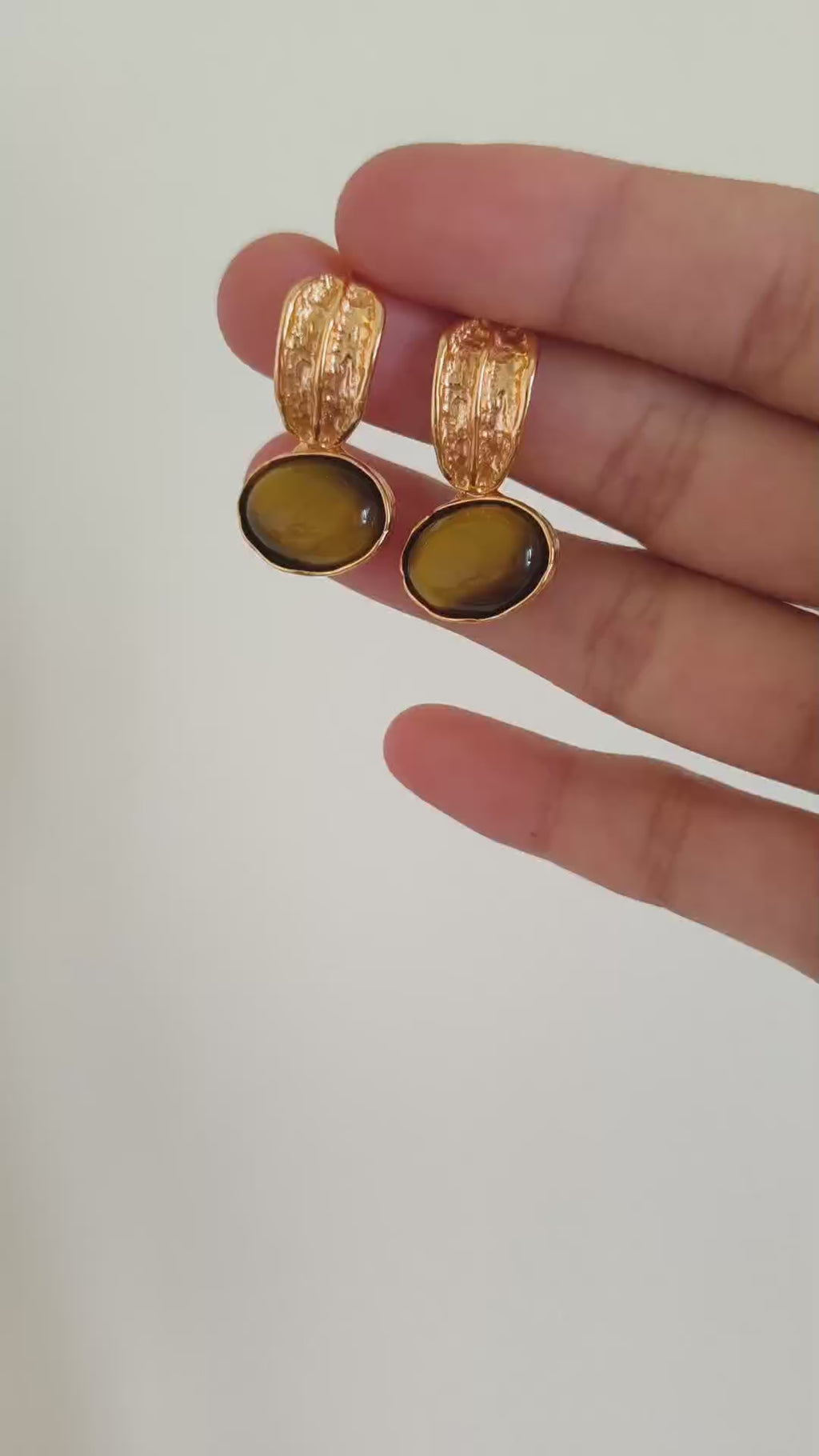 S925 Tiger Eye Gemstone Earrings – 18K Gold Vermeil Vintage Drop Hoops