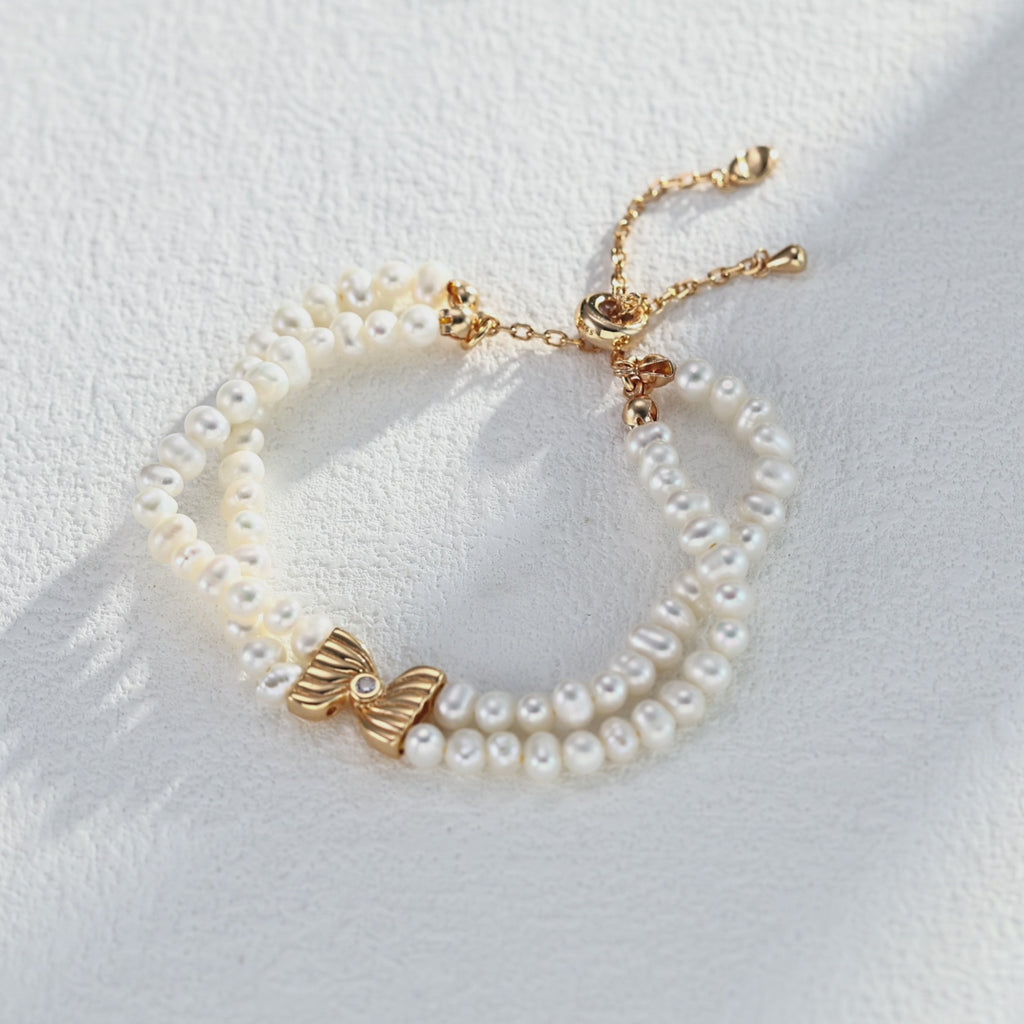 S925 Sterling Silver Freshwater Pearl Bracelet – Double-Strand with Bow Charm