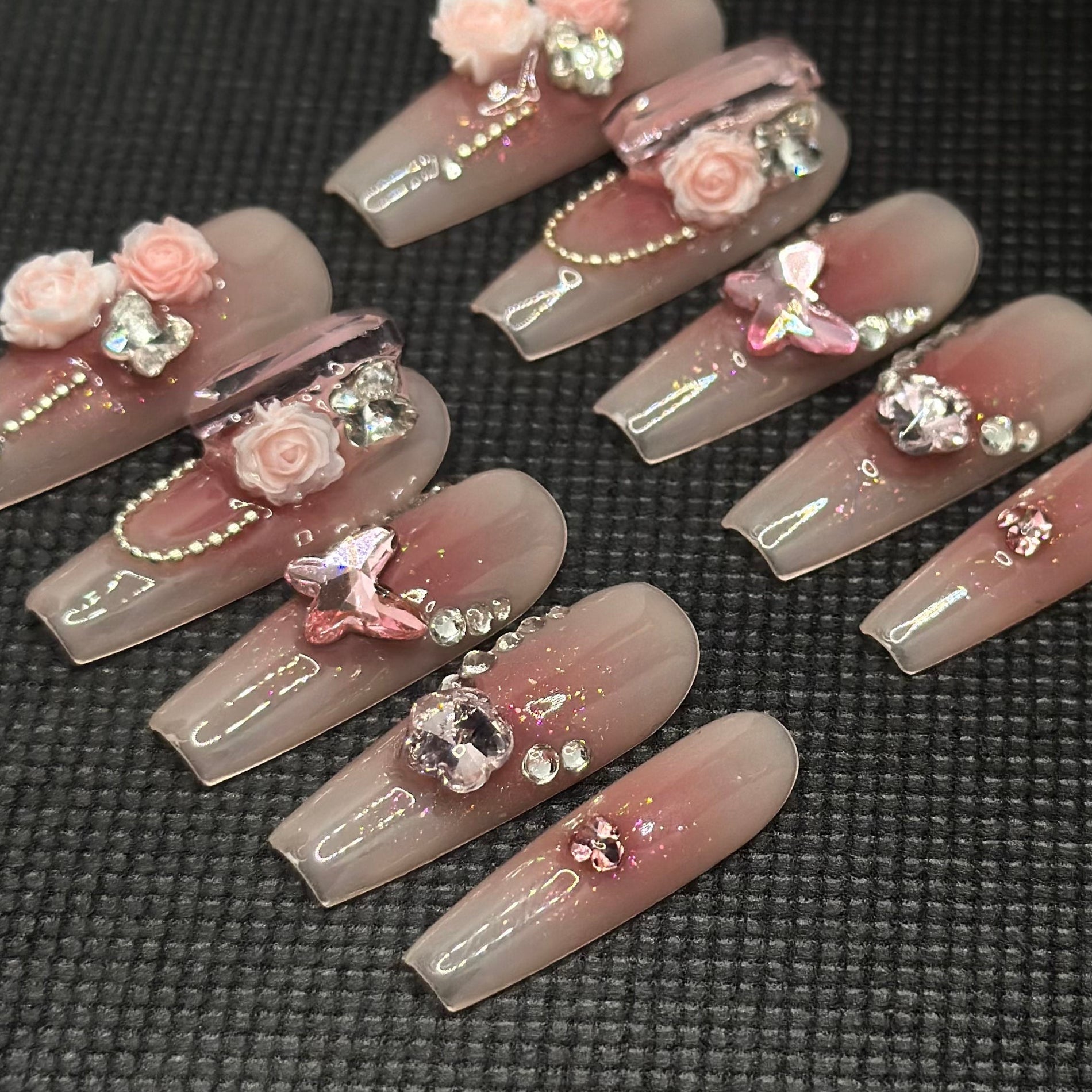 🌸 Rosy Romance Press-On Nails – 3D Flowers & Butterfly Crystals 💕