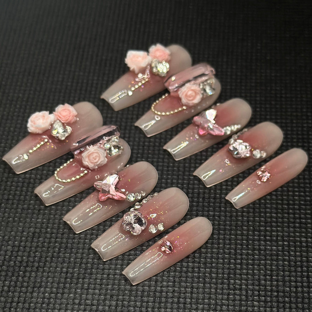 🌸 Rosy Romance Press-On Nails – 3D Flowers & Butterfly Crystals 💕