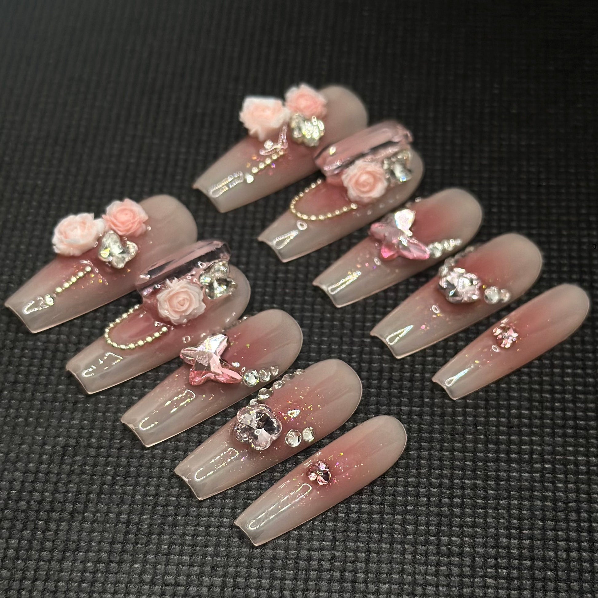 🌸 Rosy Romance Press-On Nails – 3D Flowers & Butterfly Crystals 💕