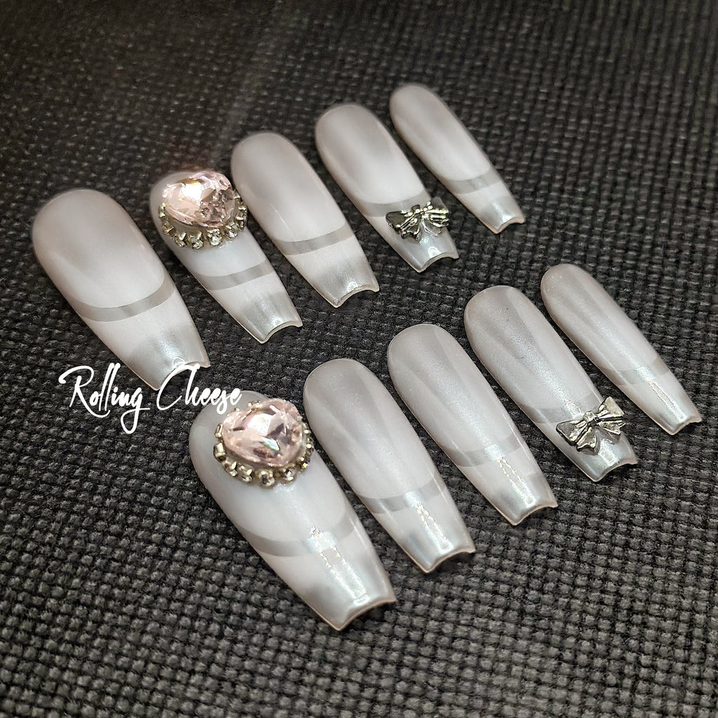 🤍 White Moon – Pearl Sheen Press-On Nails with Crystal & Bow Charms