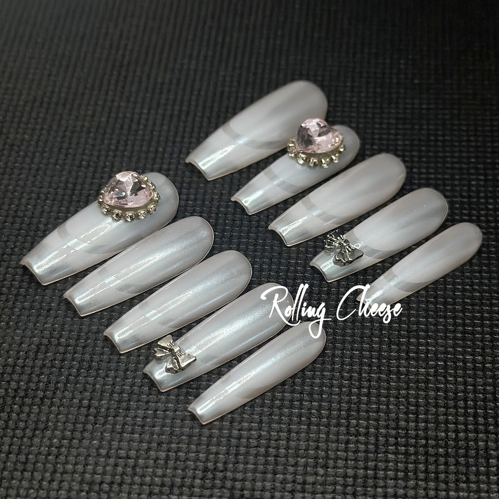 🤍 White Moon – Pearl Sheen Press-On Nails with Crystal & Bow Charms